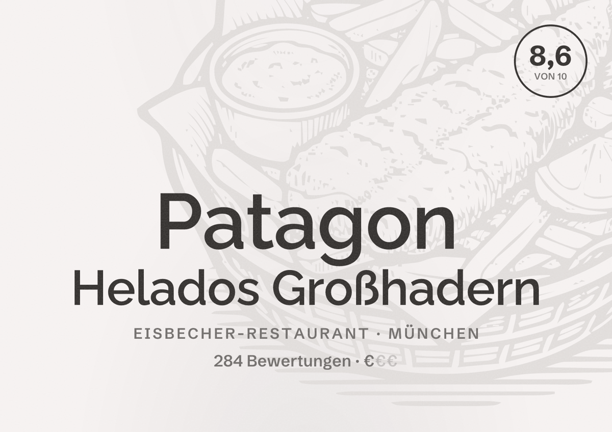 Illustriertes Poster von Patagon Helados Großhadern, Eisbecher-Restaurant in München: Bewertung 8,6 von 10 aus 284 Bewertungen, Preisniveau €