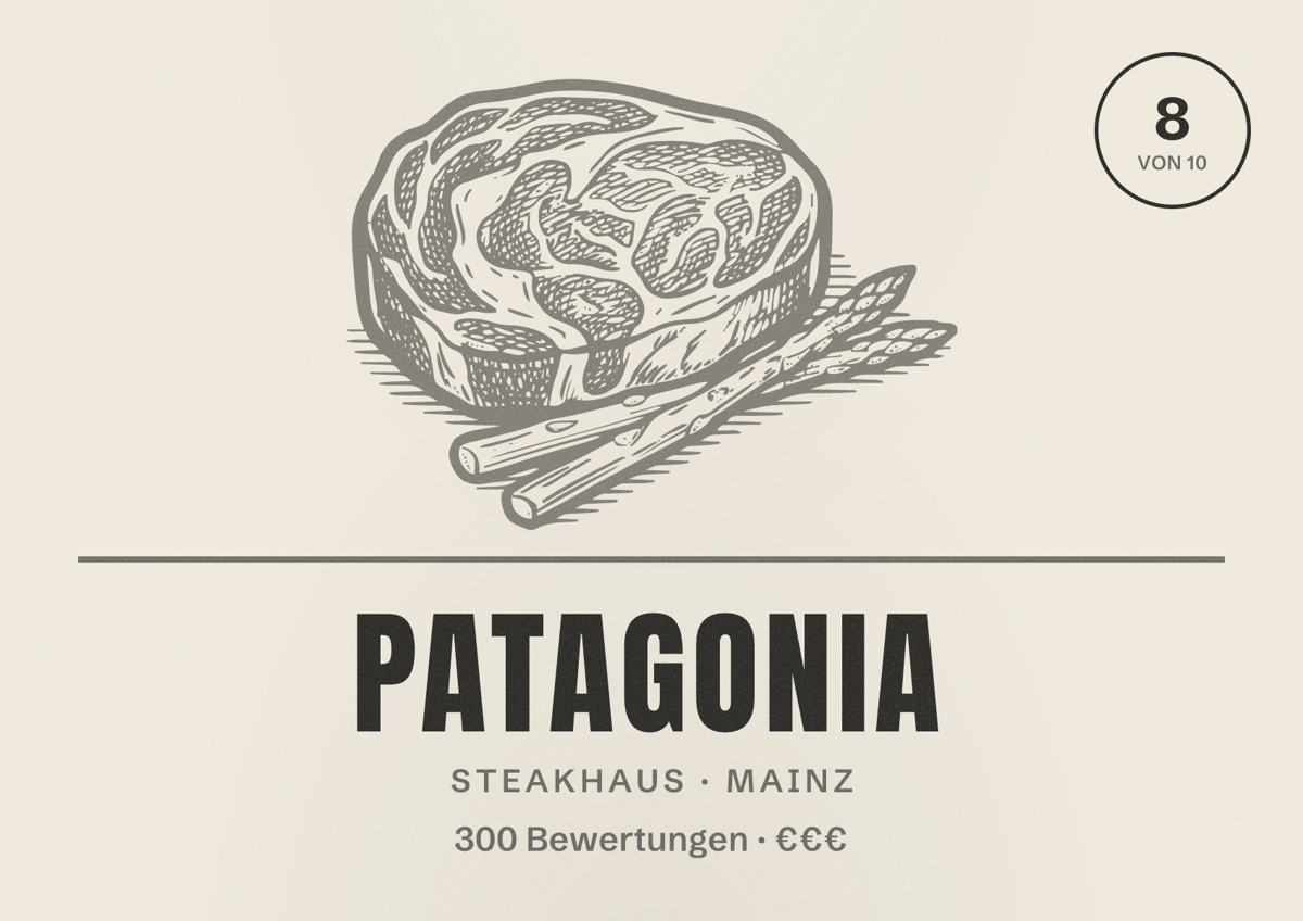Illustriertes Poster von Patagonia, Steakhaus in Mainz: Bewertung 8 von 10 aus 300 Bewertungen, Preisniveau €€€