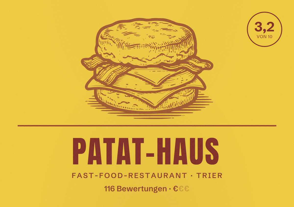 Illustriertes Poster von Patat-Haus, Fast-Food-Restaurant in Trier: Bewertung 3,2 von 10 aus 116 Bewertungen, Preisniveau €