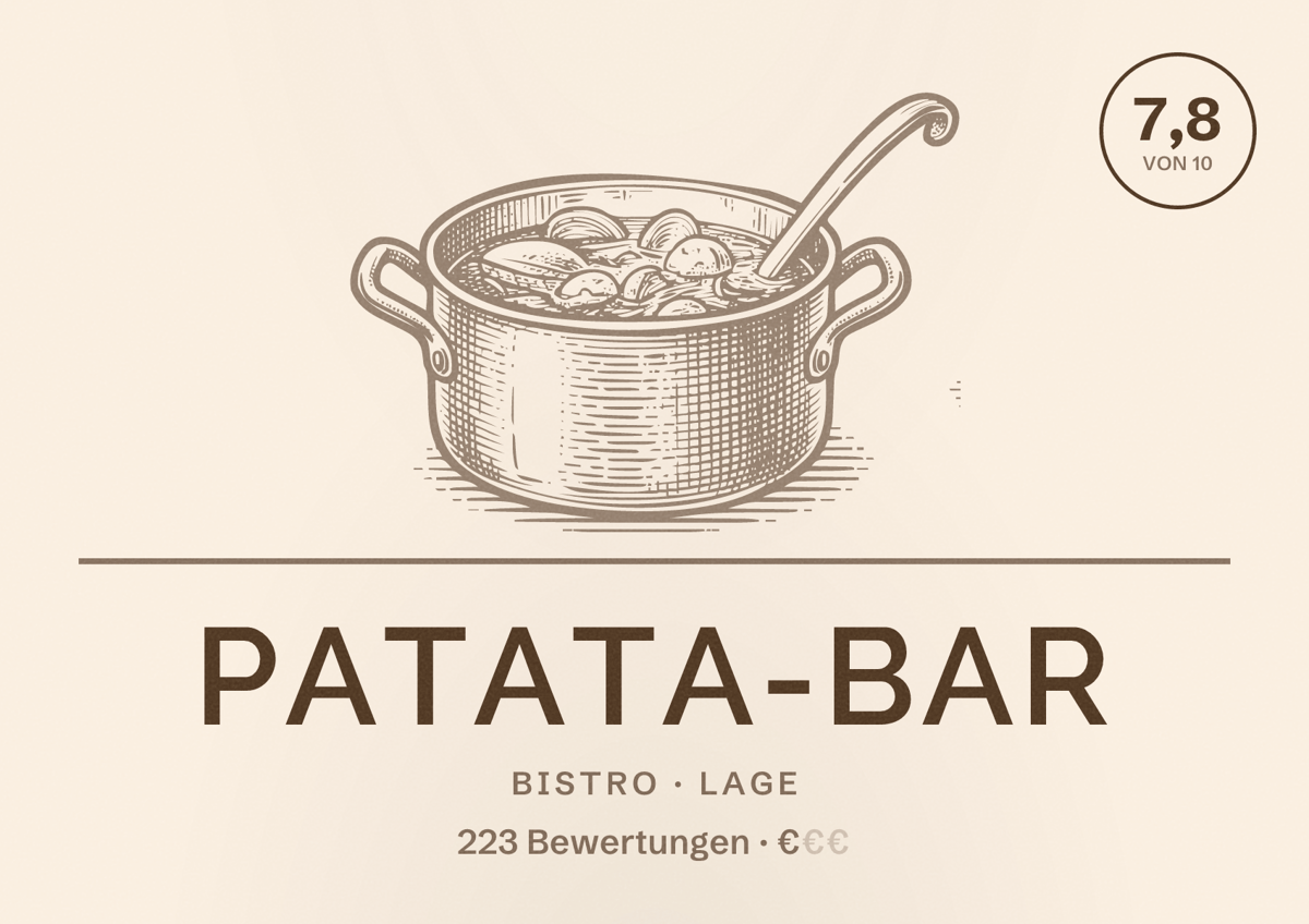 Illustriertes Poster von Patata-Bar, Bistro in Lage: Bewertung 7,8 von 10 aus 223 Bewertungen, Preisniveau €
