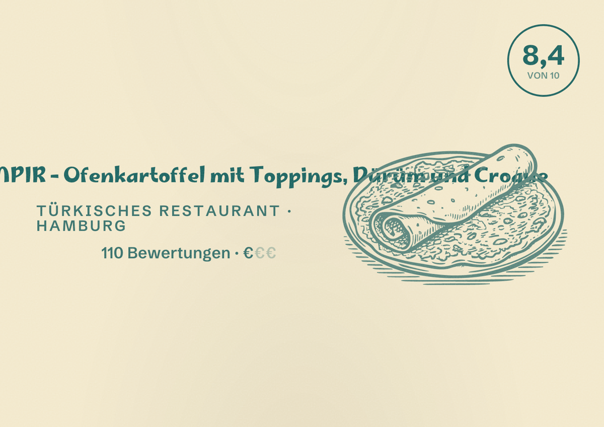 Illustriertes Poster von PATATAS - KUMPIR - Ofenkartoffel mit Toppings, Dürüm und Croque, Türkisches Restaurant in Hamburg: Bewertung 8,4 von 10 aus 110 Bewertungen, Preisniveau €