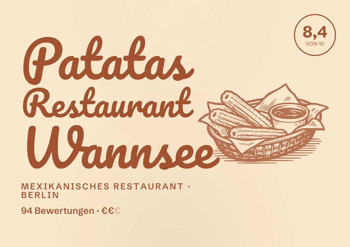 Illustriertes Poster von Patatas Restaurant Wannsee, Mexikanisches Restaurant in Berlin: Bewertung 8,4 von 10 aus 94 Bewertungen, Preisniveau €€