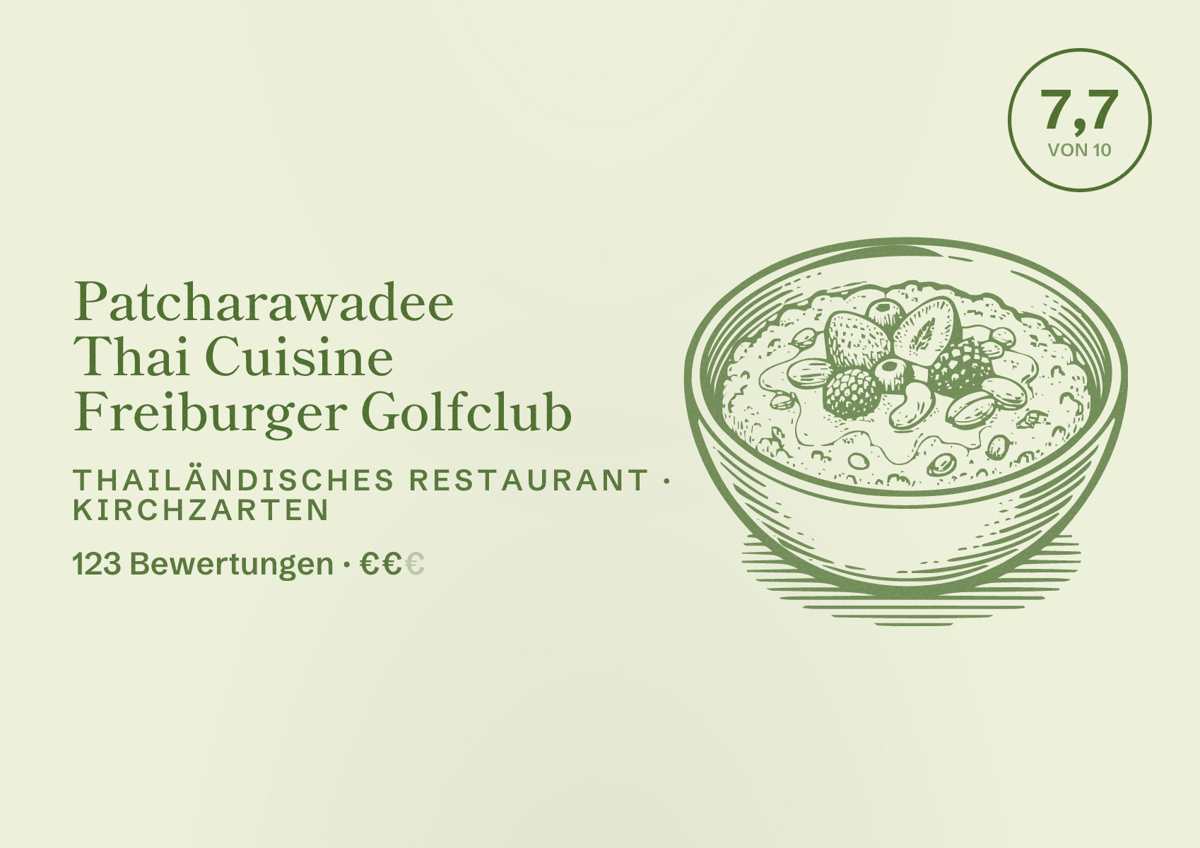 Illustriertes Poster von Patcharawadee Thai Cuisine Freiburger Golfclub, Thailändisches Restaurant in Kirchzarten: Bewertung 7,7 von 10 aus 123 Bewertungen, Preisniveau €€