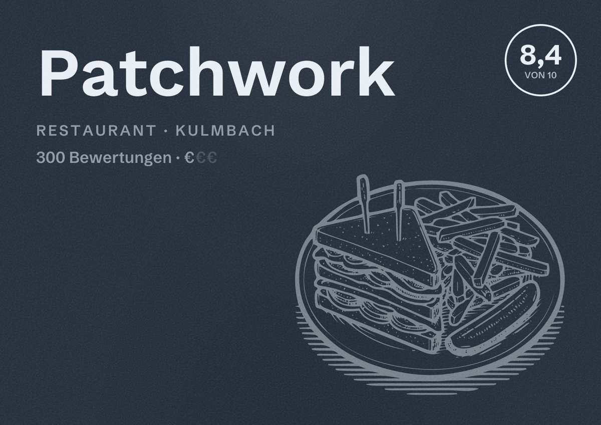 Illustriertes Poster von Patchwork, Restaurant in Kulmbach: Bewertung 8,4 von 10 aus 300 Bewertungen, Preisniveau €
