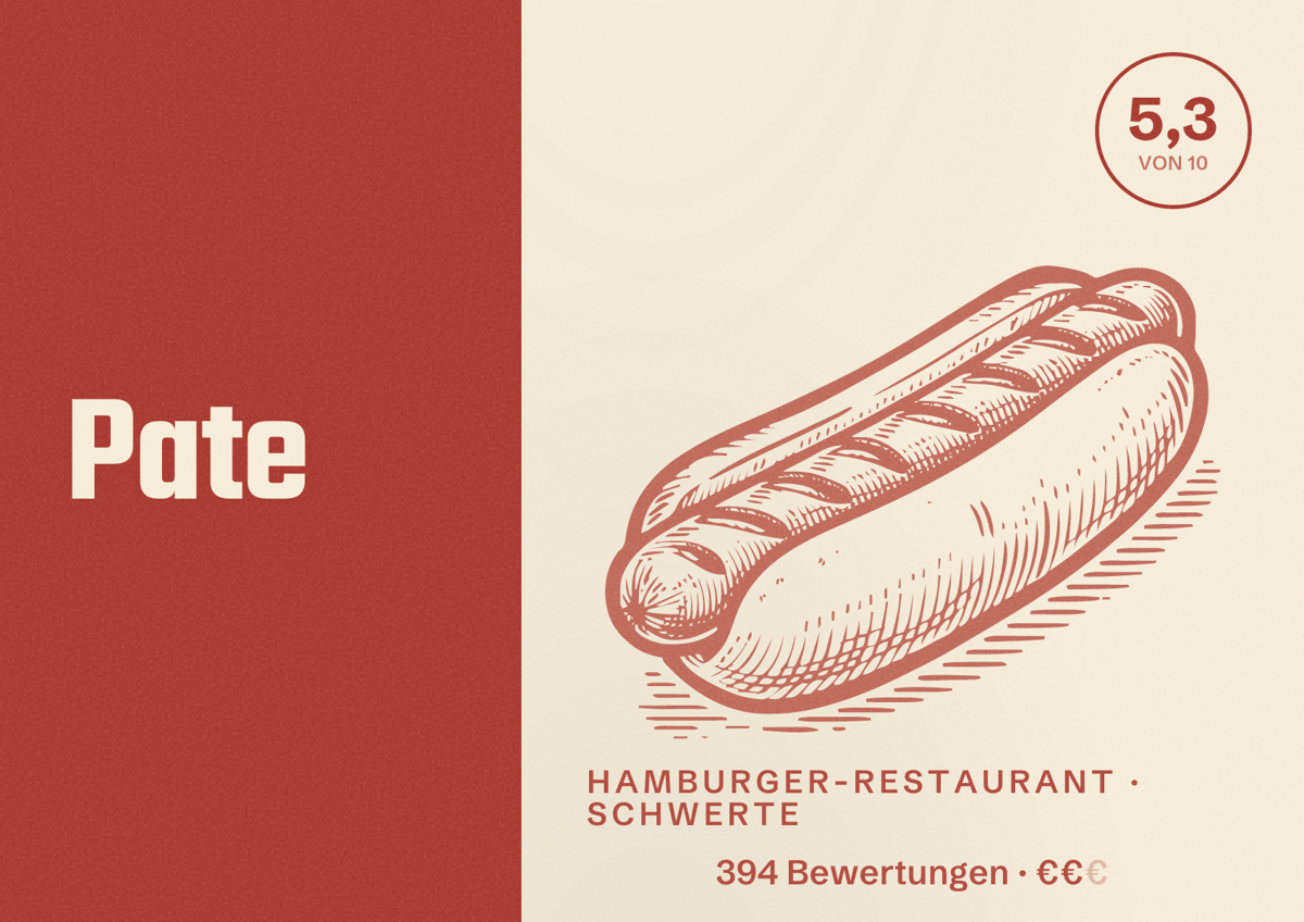Illustriertes Poster von Pate, Hamburger-Restaurant in Schwerte: Bewertung 5,3 von 10 aus 394 Bewertungen, Preisniveau €€