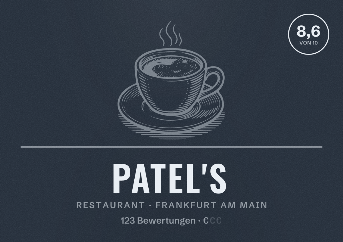 Illustriertes Poster von Patel's, Restaurant in Frankfurt am Main: Bewertung 8,6 von 10 aus 123 Bewertungen, Preisniveau €