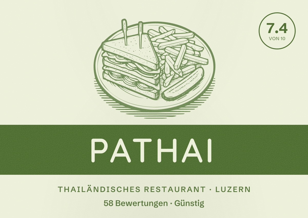 Illustriertes Poster von Pathai, Thailändisches Restaurant in Luzern: Bewertung 7.4 von 10 aus 58 Bewertungen, Preisniveau Günstig