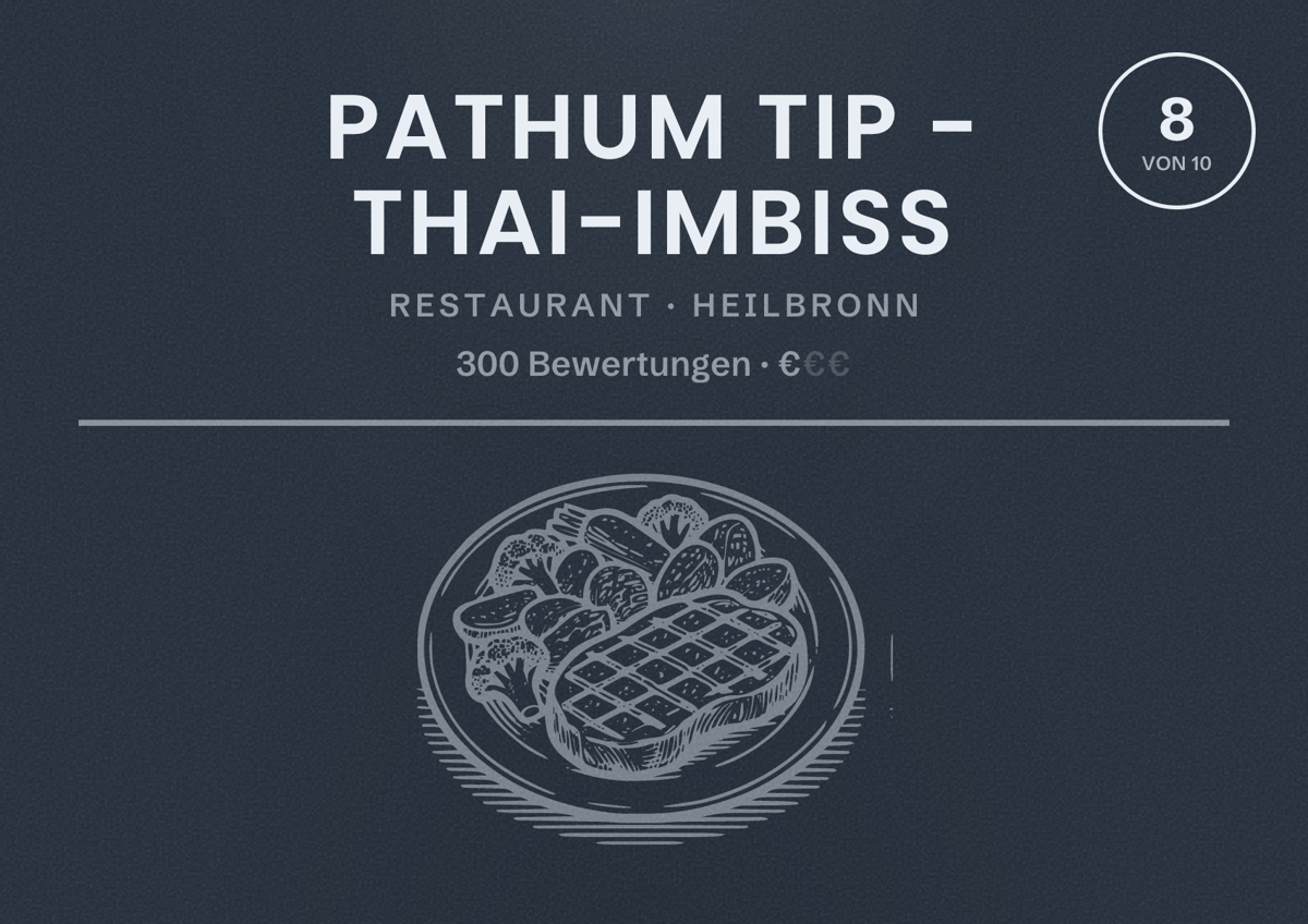 Illustriertes Poster von Pathum Tip - Thai-Imbiss, Restaurant in Heilbronn: Bewertung 8 von 10 aus 300 Bewertungen, Preisniveau €