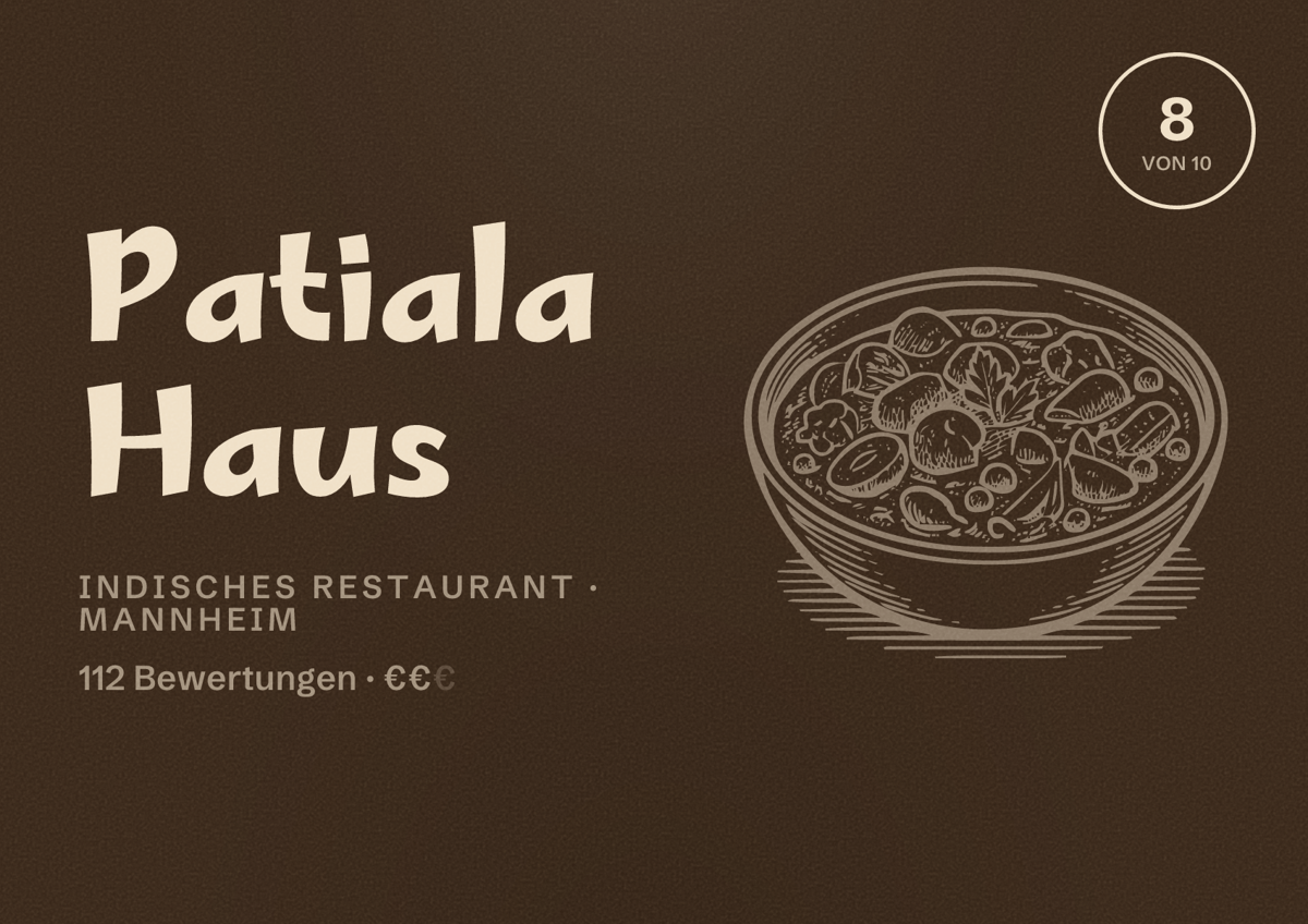 Illustriertes Poster von Patiala Haus, Indisches Restaurant in Mannheim: Bewertung 8 von 10 aus 112 Bewertungen, Preisniveau €€