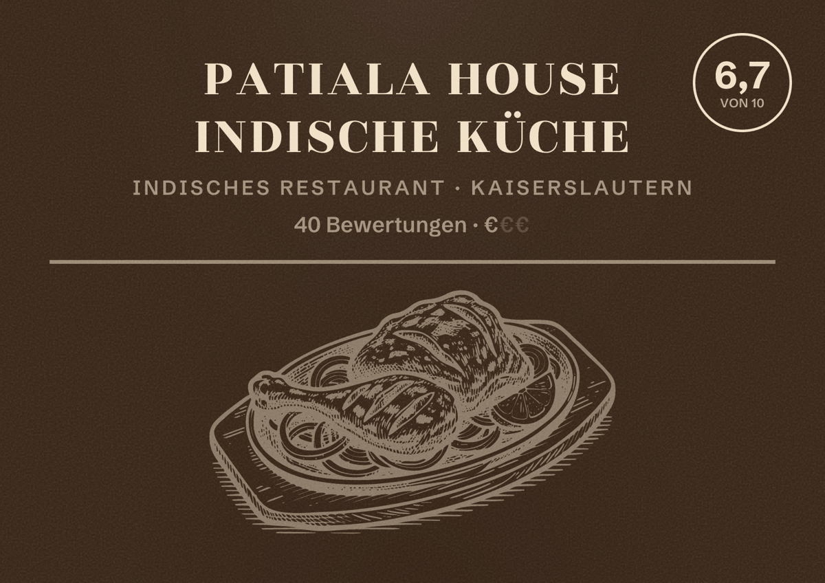 Illustriertes Poster von Patiala house Indische Küche, Indisches Restaurant in Kaiserslautern: Bewertung 6,7 von 10 aus 40 Bewertungen, Preisniveau €