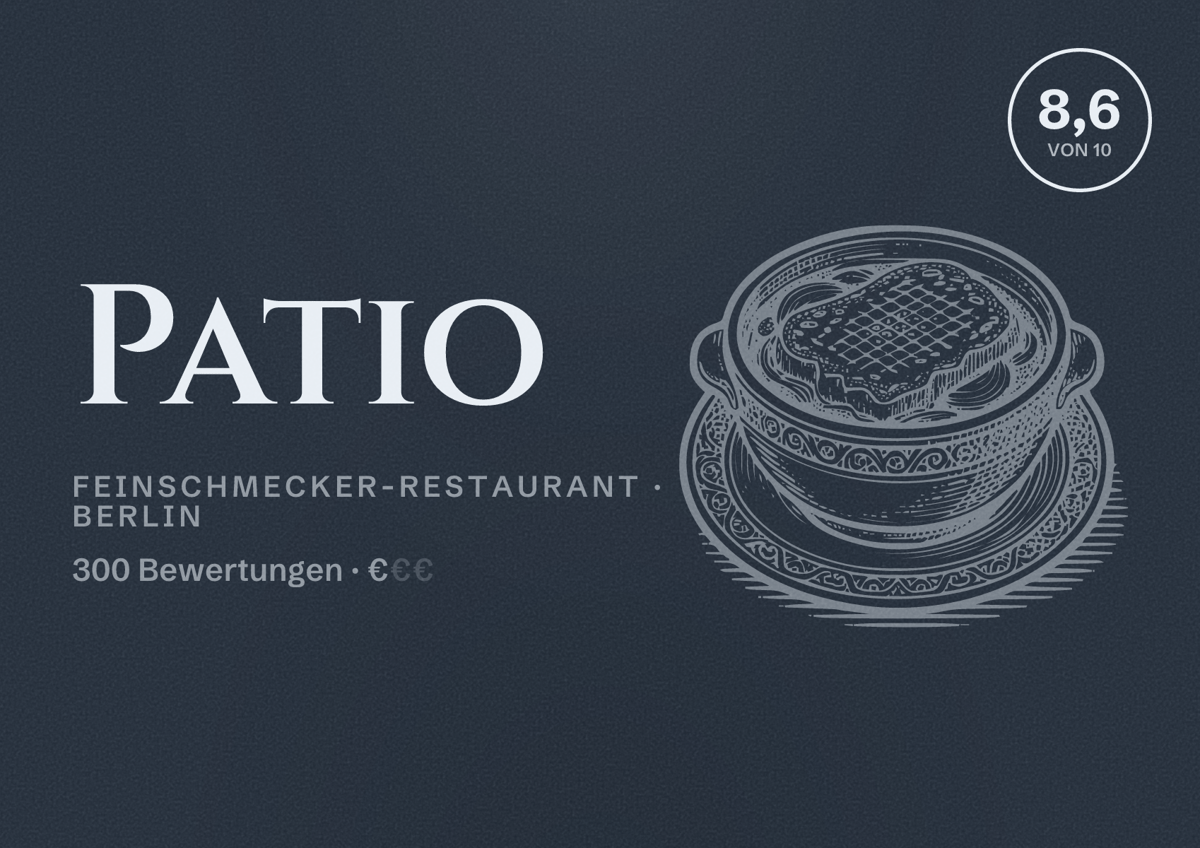 Illustriertes Poster von Patio, Feinschmecker-Restaurant in Berlin: Bewertung 8,6 von 10 aus 300 Bewertungen, Preisniveau €