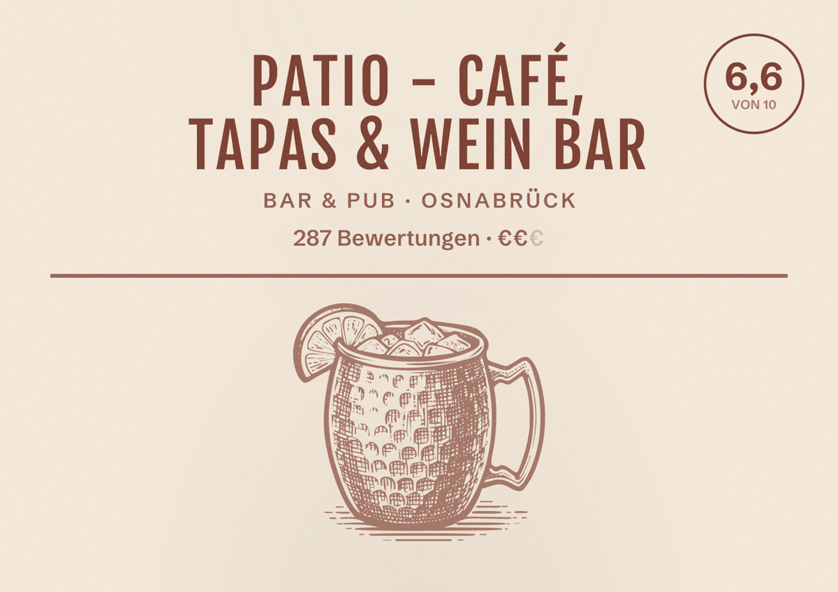 Illustriertes Poster von Patio - Café, Tapas & Wein Bar, Bar & Pub in Osnabrück: Bewertung 6,6 von 10 aus 287 Bewertungen, Preisniveau €€