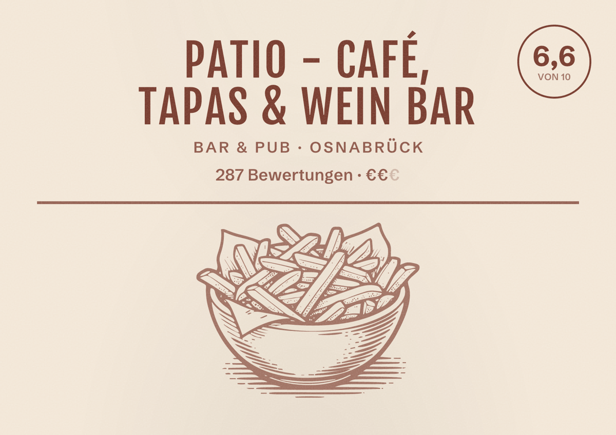 Illustriertes Poster von Patio - Café, Tapas & Wein Bar, Bar & Pub in Osnabrück: Bewertung 6,6 von 10 aus 287 Bewertungen, Preisniveau €€