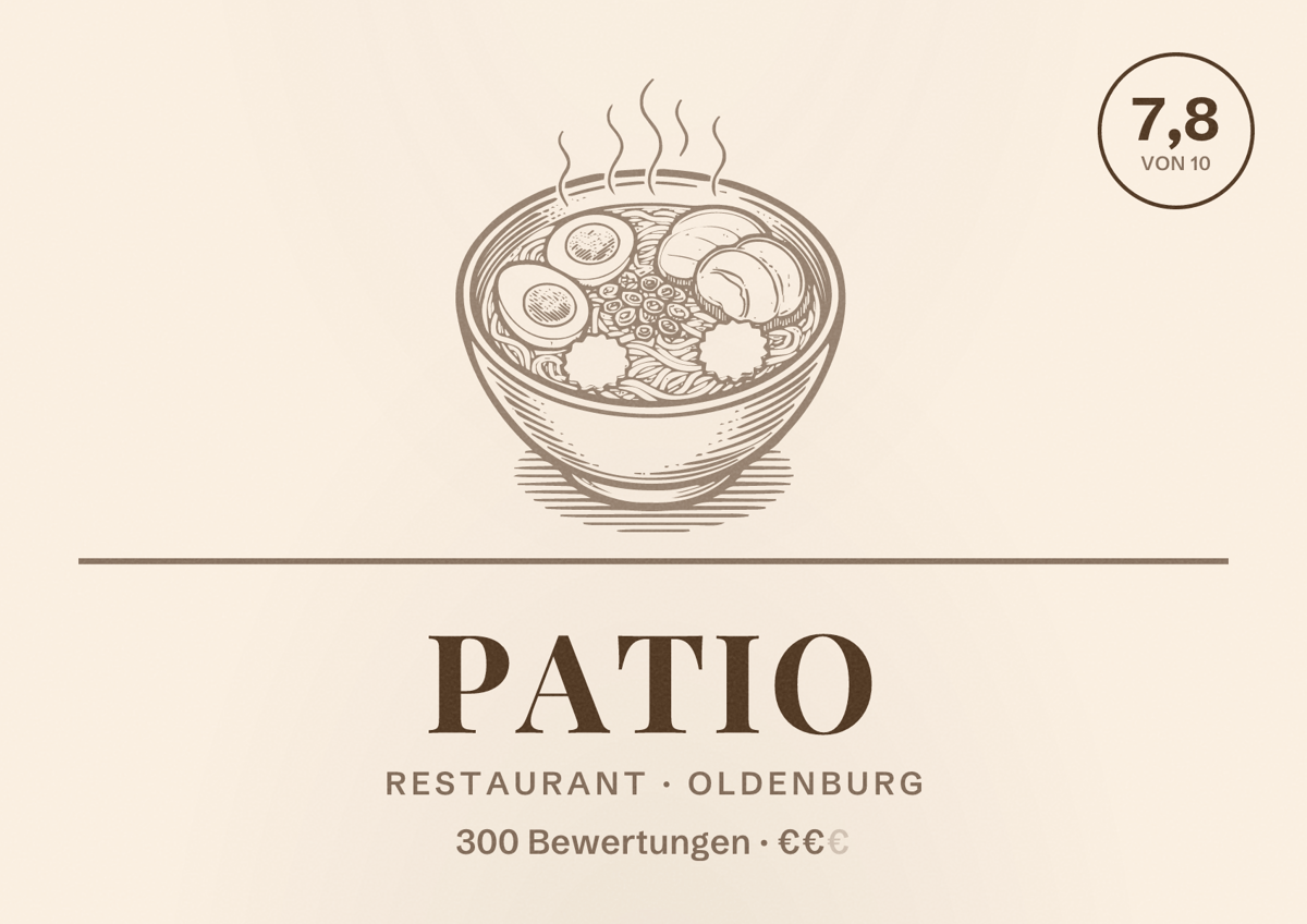 Illustriertes Poster von Patio, Restaurant in Oldenburg: Bewertung 7,8 von 10 aus 300 Bewertungen, Preisniveau €€
