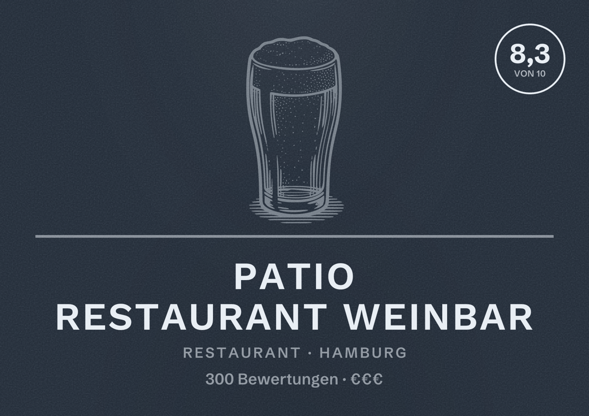 Illustriertes Poster von PATIO Restaurant Weinbar, Restaurant in Hamburg: Bewertung 8,3 von 10 aus 300 Bewertungen, Preisniveau €€€