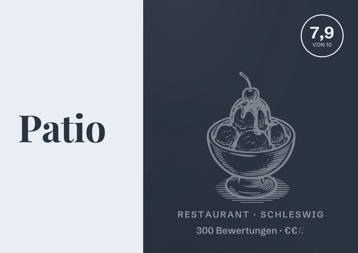 Illustriertes Poster von Patio, Restaurant in Schleswig: Bewertung 7,9 von 10 aus 300 Bewertungen, Preisniveau €€