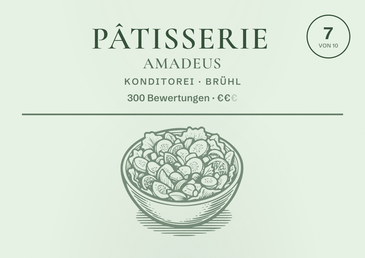 Illustriertes Poster von Pâtisserie Amadeus, Konditorei in Brühl: Bewertung 7 von 10 aus 300 Bewertungen, Preisniveau €€