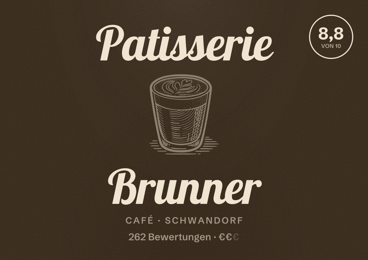 Illustriertes Poster von Patisserie Brunner, Café in Schwandorf: Bewertung 8,8 von 10 aus 262 Bewertungen, Preisniveau €€
