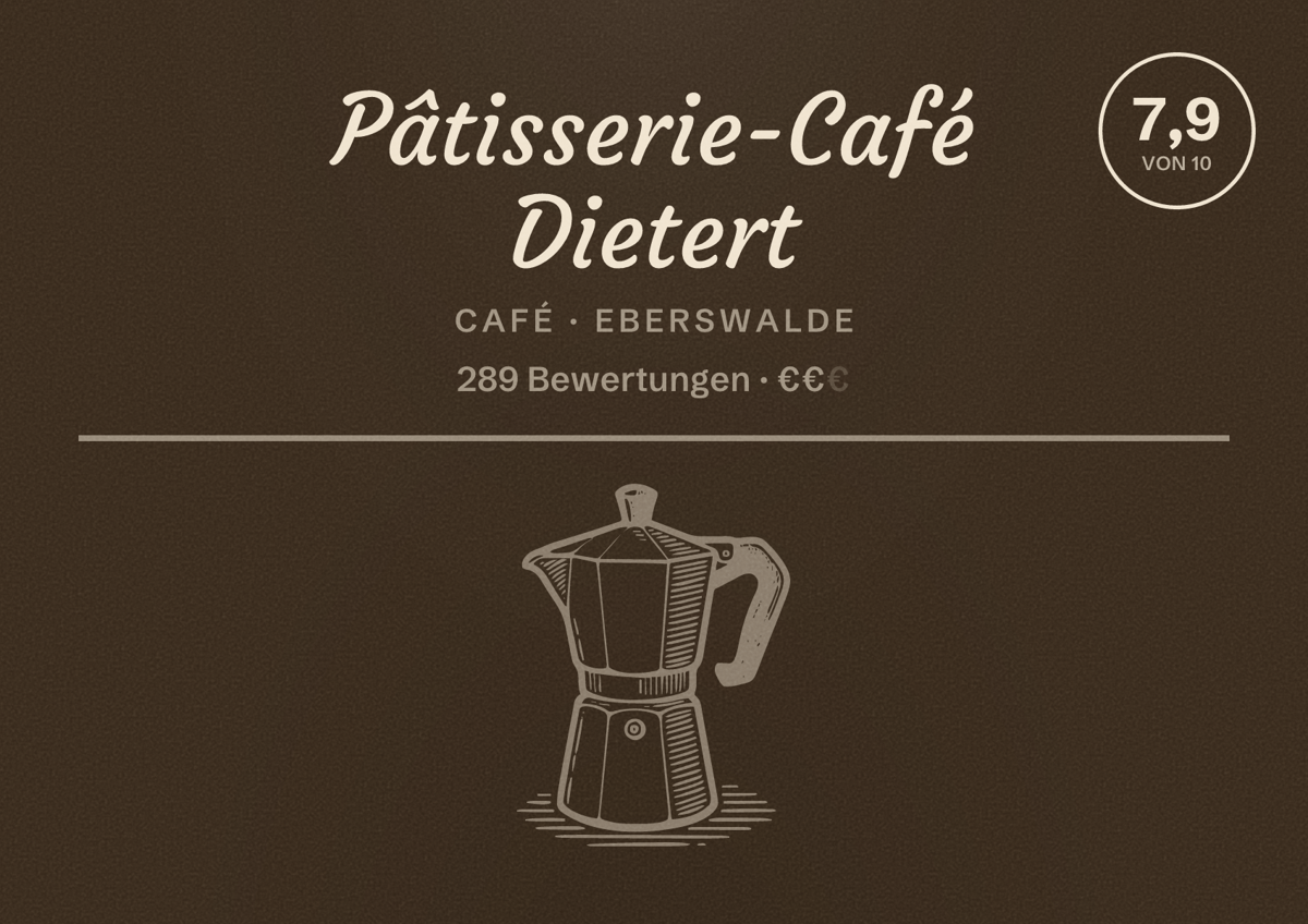 Illustriertes Poster von Pâtisserie-Café Dietert, Café in Eberswalde: Bewertung 7,9 von 10 aus 289 Bewertungen, Preisniveau €€