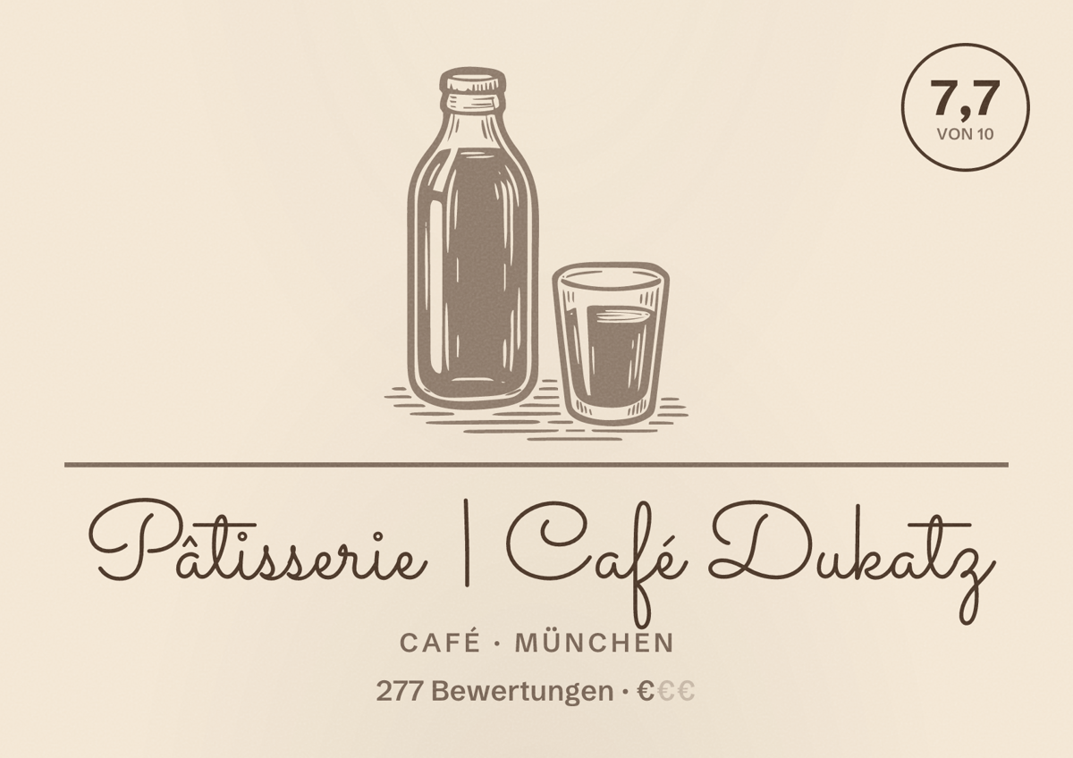 Illustriertes Poster von Pâtisserie | Café Dukatz, Café in München: Bewertung 7,7 von 10 aus 277 Bewertungen, Preisniveau €