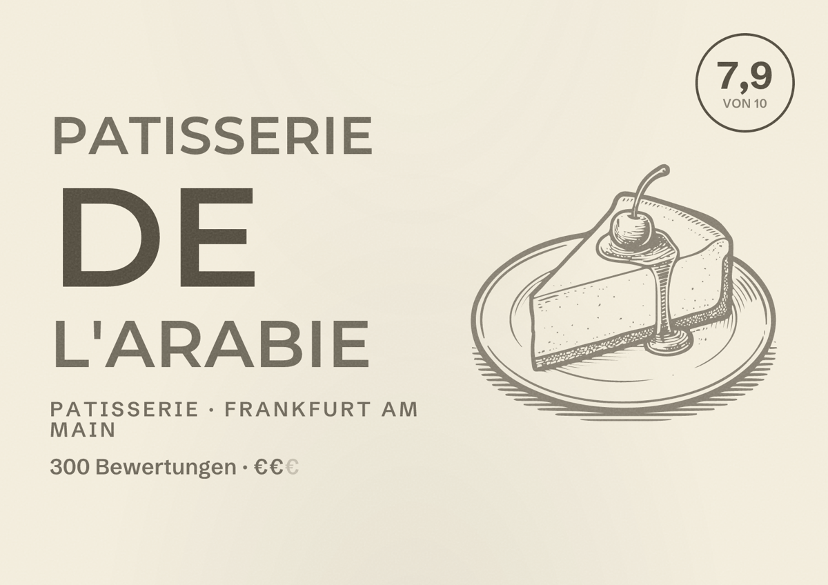 Illustriertes Poster von Patisserie de l'Arabie, Patisserie in Frankfurt am Main: Bewertung 7,9 von 10 aus 300 Bewertungen, Preisniveau €€