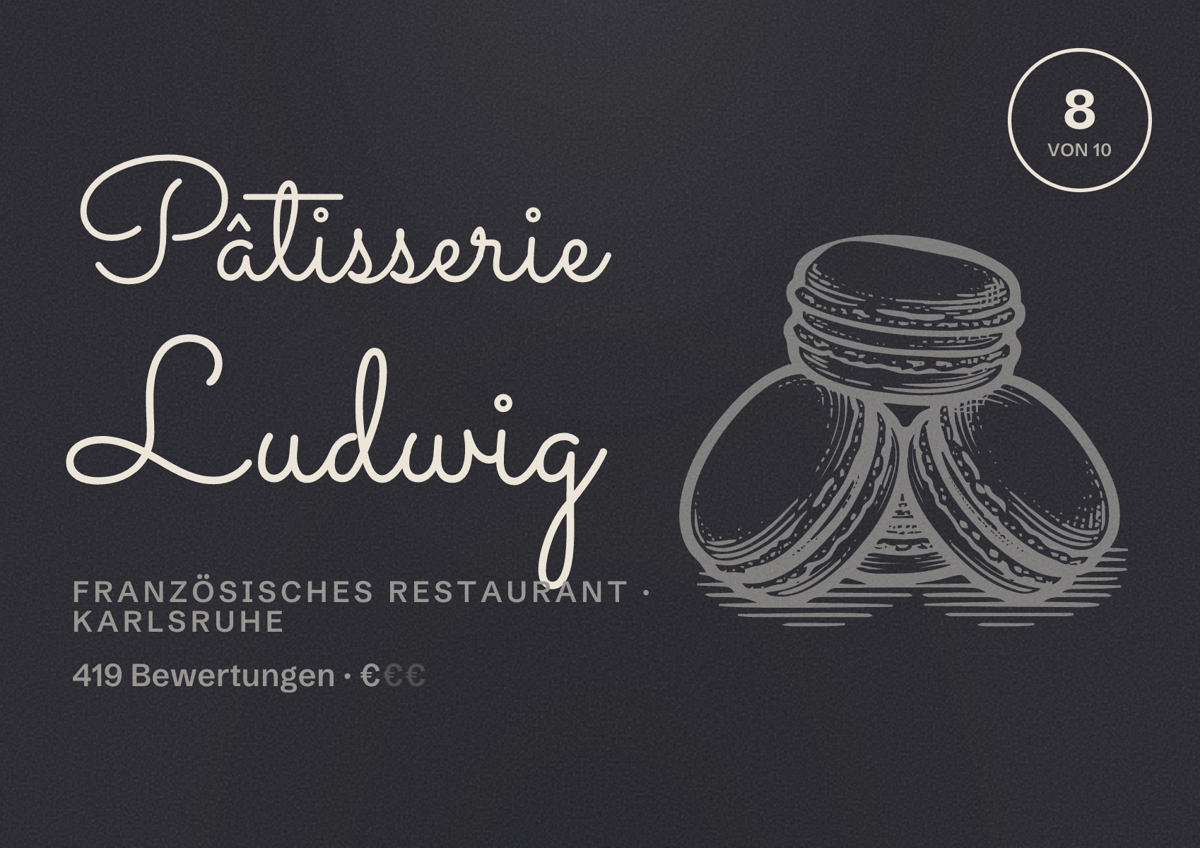 Illustriertes Poster von Pâtisserie Ludwig, Französisches Restaurant in Karlsruhe: Bewertung 8 von 10 aus 419 Bewertungen, Preisniveau €