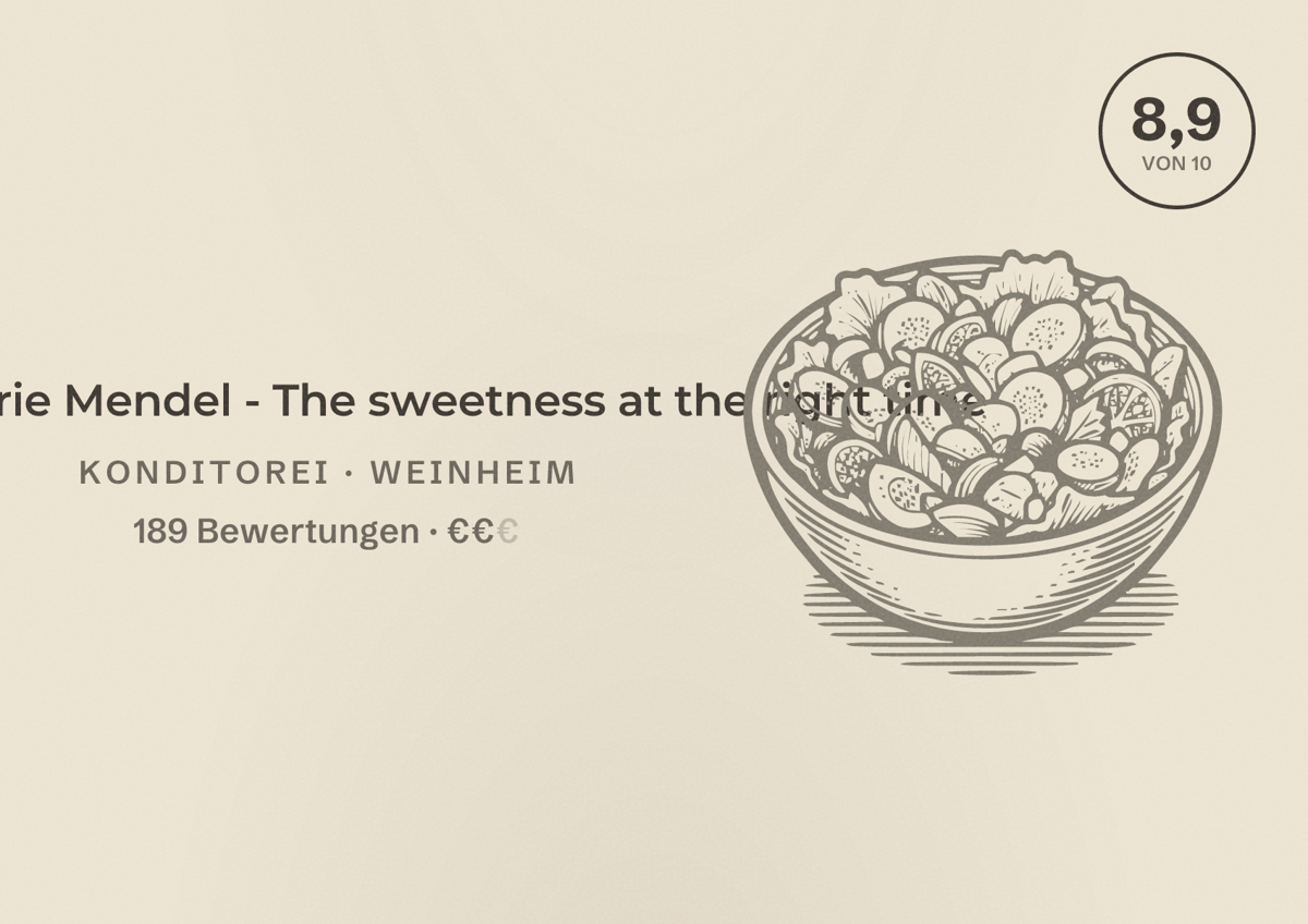 Illustriertes Poster von Patisserie Mendel - The sweetness at the right time, Konditorei in Weinheim: Bewertung 8,9 von 10 aus 189 Bewertungen, Preisniveau €€