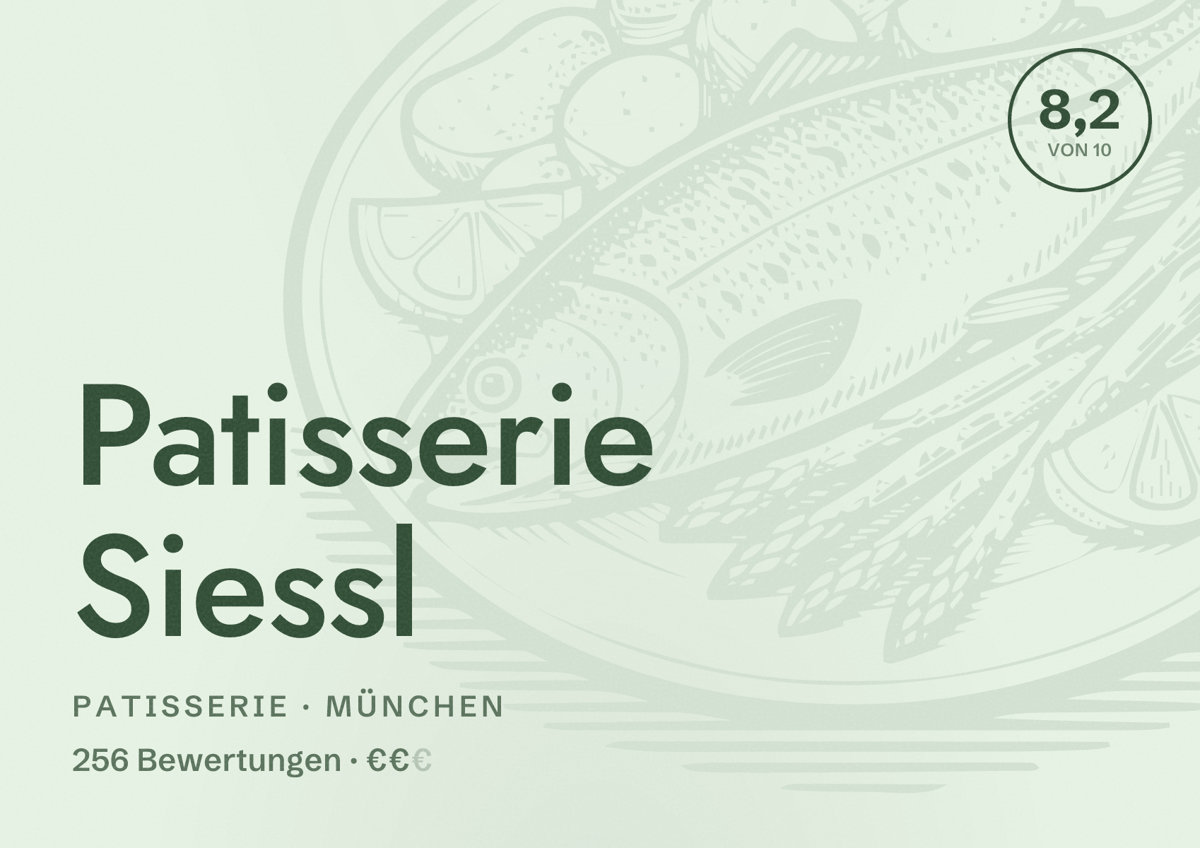 Illustriertes Poster von Patisserie Siessl, Patisserie in München: Bewertung 8,2 von 10 aus 256 Bewertungen, Preisniveau €€