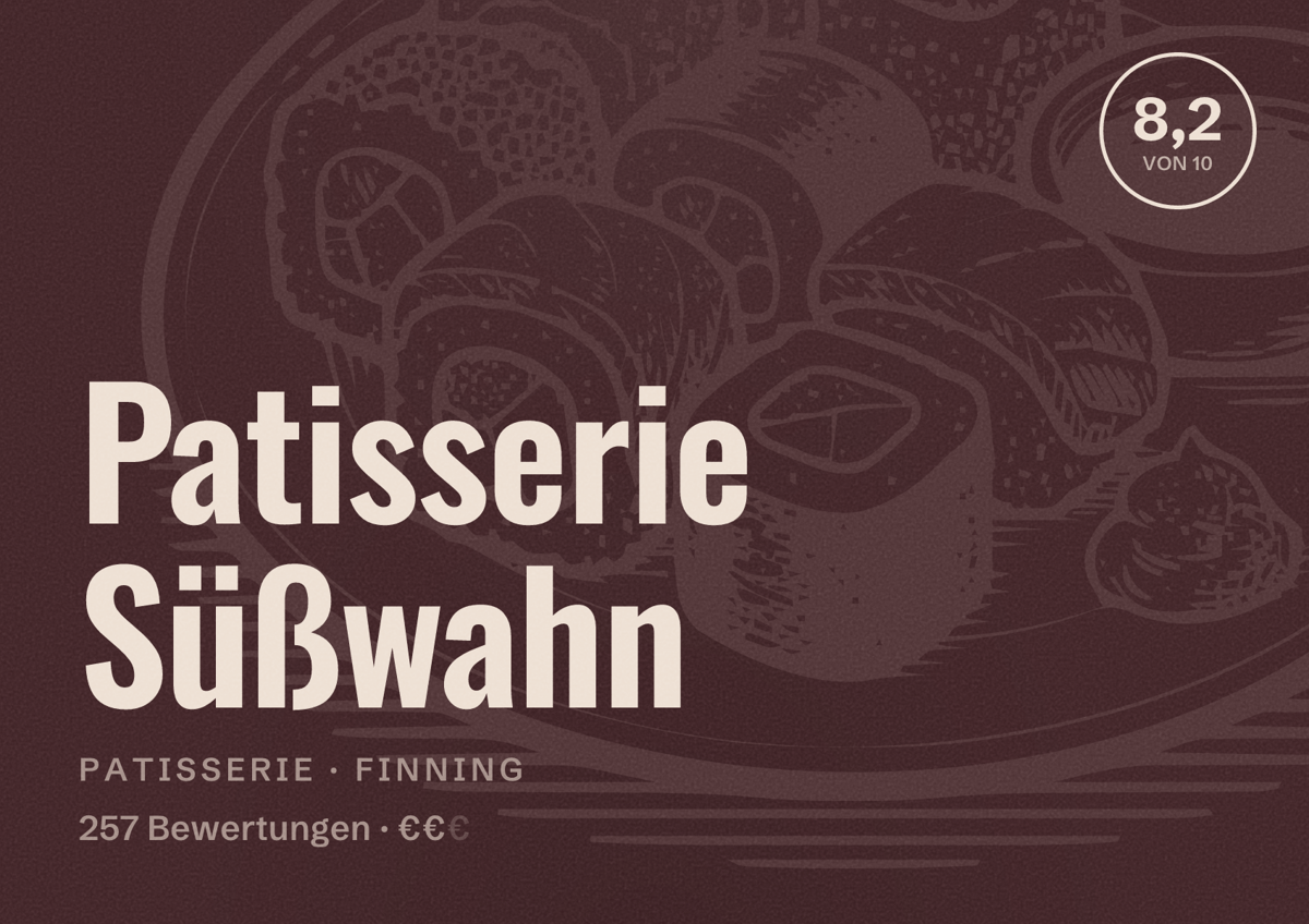 Illustriertes Poster von Patisserie Süßwahn, Patisserie in Finning: Bewertung 8,2 von 10 aus 257 Bewertungen, Preisniveau €€