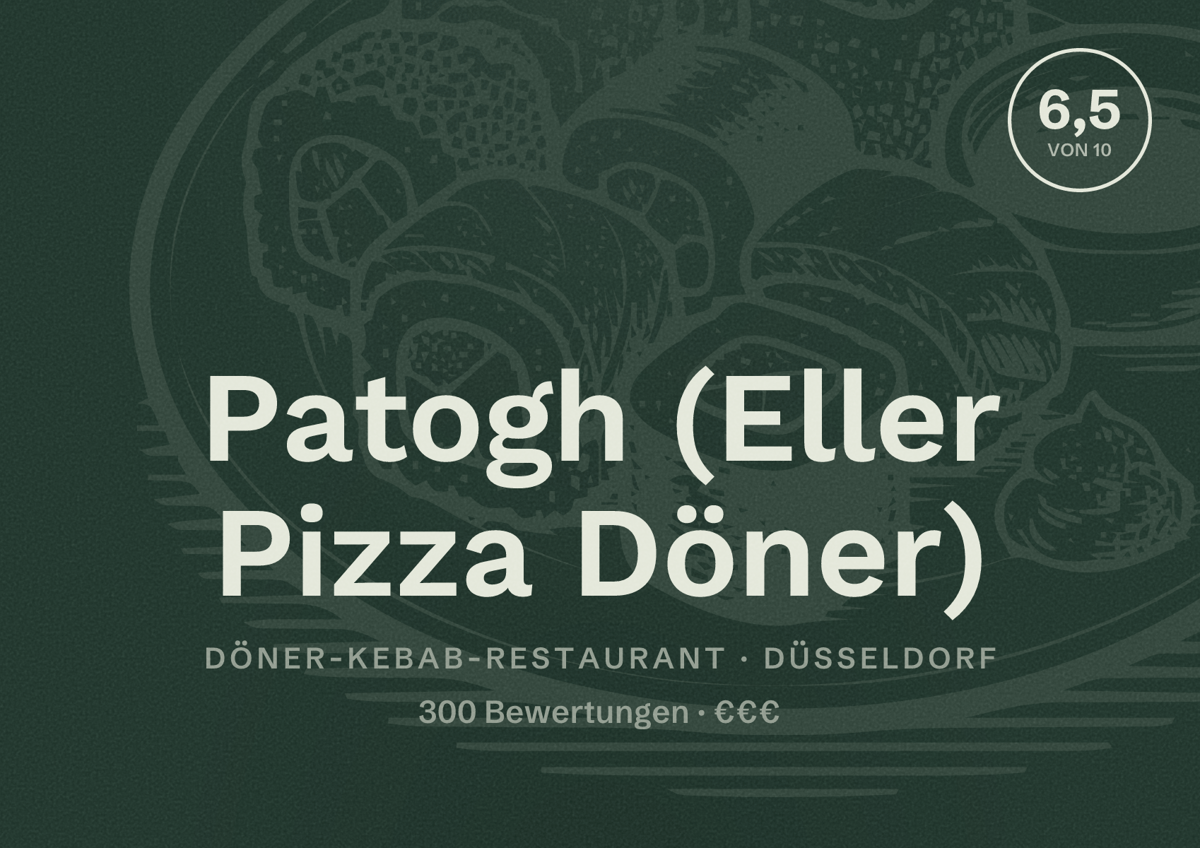 Illustriertes Poster von Patogh (Eller Pizza Döner), Döner-Kebab-Restaurant in Düsseldorf: Bewertung 6,5 von 10 aus 300 Bewertungen, Preisniveau €€€