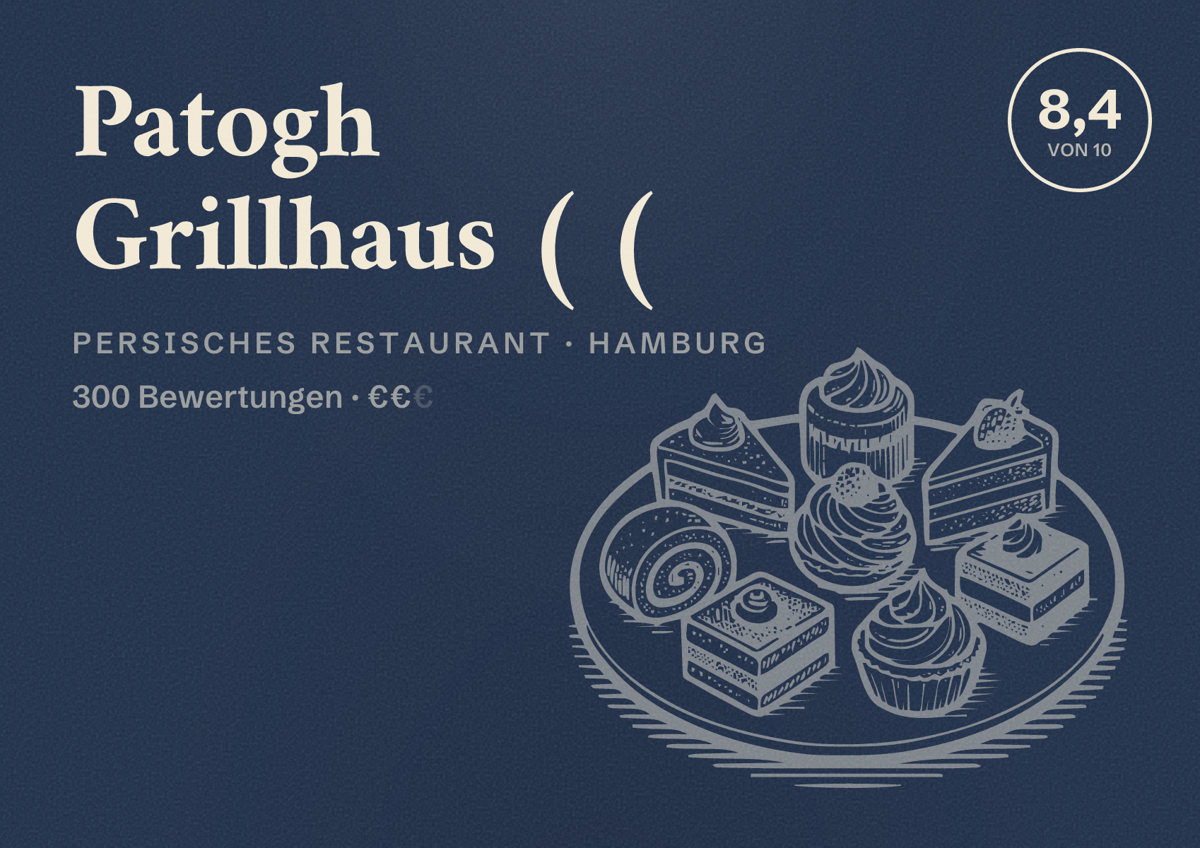 Illustriertes Poster von Patogh Grillhaus ( (, Persisches Restaurant in Hamburg: Bewertung 8,4 von 10 aus 300 Bewertungen, Preisniveau €€