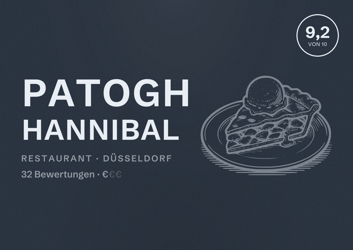 Illustriertes Poster von patogh hannibal, Restaurant in Düsseldorf: Bewertung 9,2 von 10 aus 32 Bewertungen, Preisniveau €