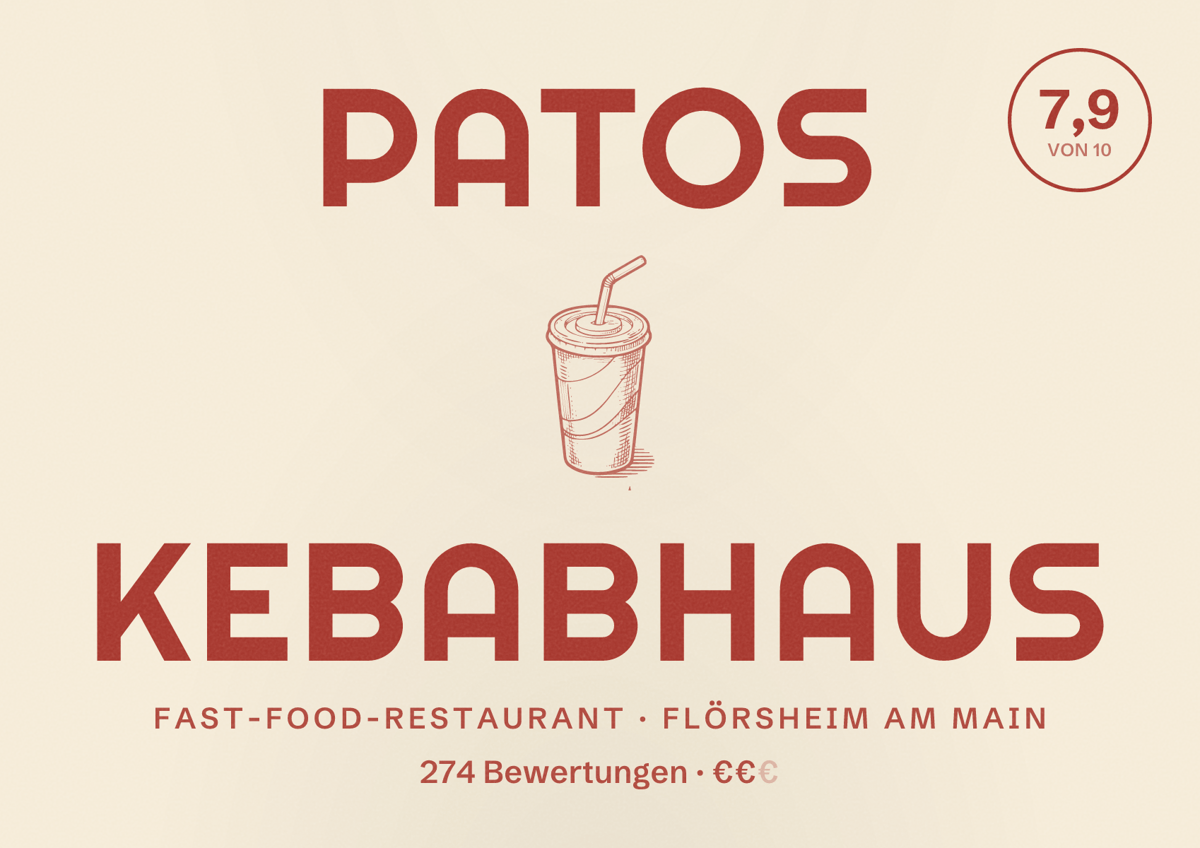 Illustriertes Poster von Patos kebabhaus, Fast-Food-Restaurant in Flörsheim am Main: Bewertung 7,9 von 10 aus 274 Bewertungen, Preisniveau €€