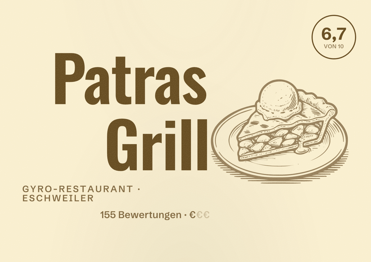 Illustriertes Poster von Patras Grill, Gyro-Restaurant in Eschweiler: Bewertung 6,7 von 10 aus 155 Bewertungen, Preisniveau €