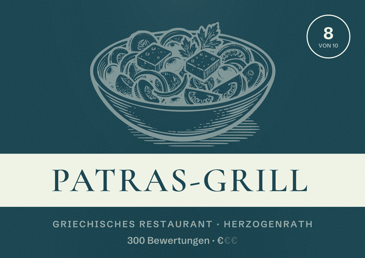 Illustriertes Poster von Patras-Grill, Griechisches Restaurant in Herzogenrath: Bewertung 8 von 10 aus 300 Bewertungen, Preisniveau €