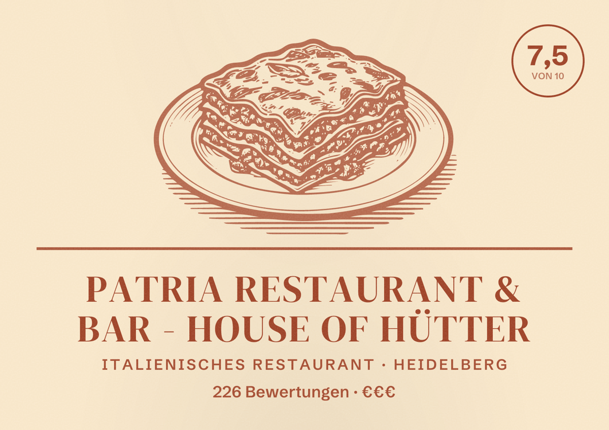 Illustriertes Poster von Patria Restaurant & Bar - House of Hütter, Italienisches Restaurant in Heidelberg: Bewertung 7,5 von 10 aus 226 Bewertungen, Preisniveau €€€