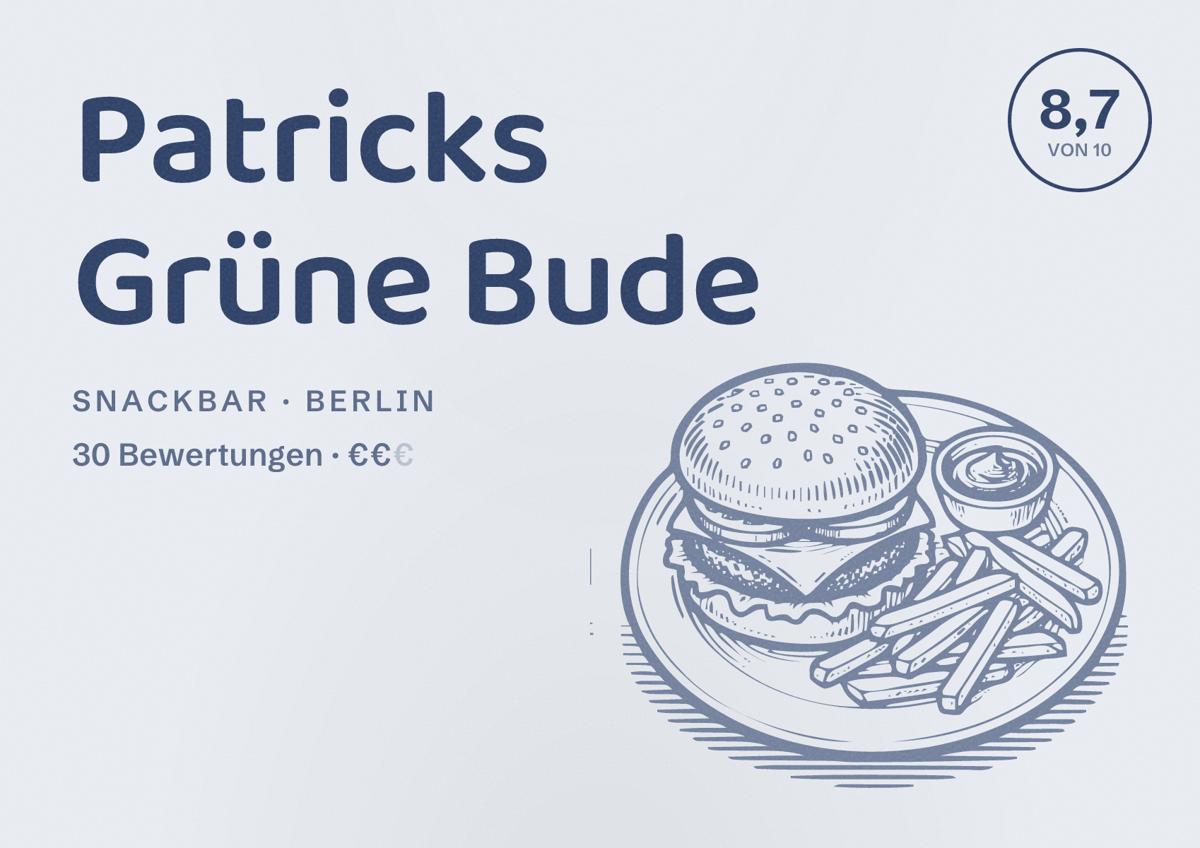 Illustriertes Poster von Patricks Grüne Bude, Snackbar in Berlin: Bewertung 8,7 von 10 aus 30 Bewertungen, Preisniveau €€