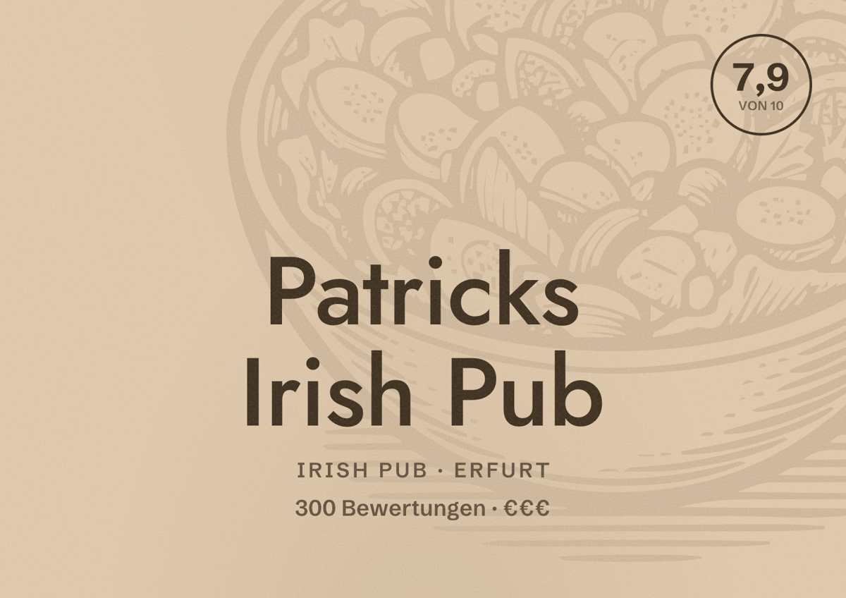 Illustriertes Poster von Patricks Irish Pub, Irish Pub in Erfurt: Bewertung 7,9 von 10 aus 300 Bewertungen, Preisniveau €€€