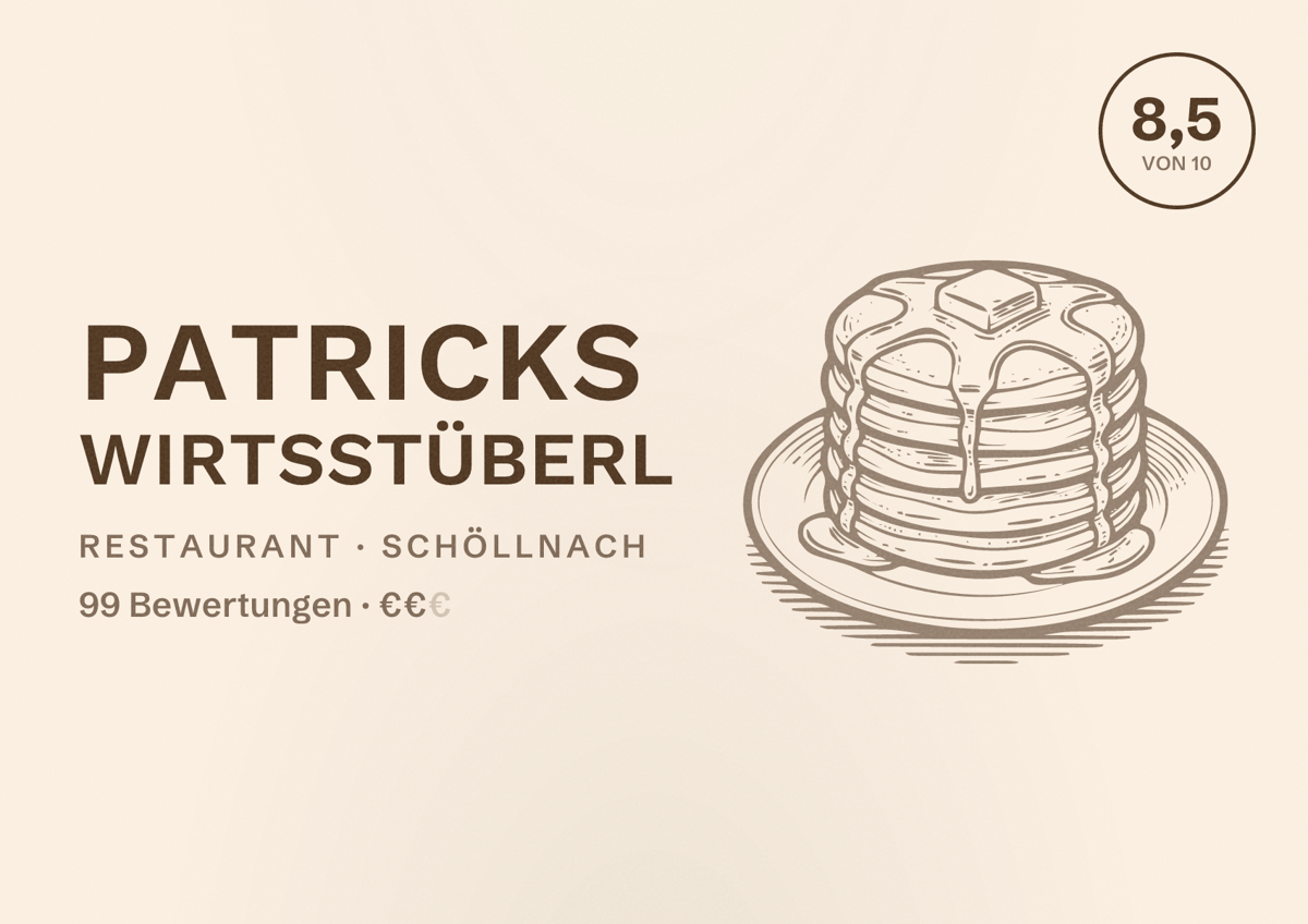 Illustriertes Poster von Patricks Wirtsstüberl, Restaurant in Schöllnach: Bewertung 8,5 von 10 aus 99 Bewertungen, Preisniveau €€