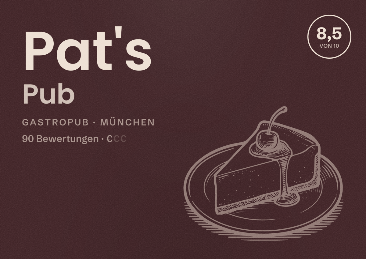 Illustriertes Poster von Pat's Pub, Gastropub in München: Bewertung 8,5 von 10 aus 90 Bewertungen, Preisniveau €