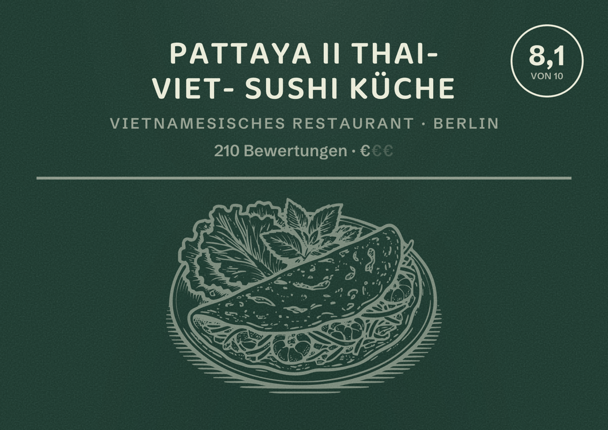 Illustriertes Poster von Pattaya II Thai- Viet- Sushi Küche, Vietnamesisches Restaurant in Berlin: Bewertung 8,1 von 10 aus 210 Bewertungen, Preisniveau €