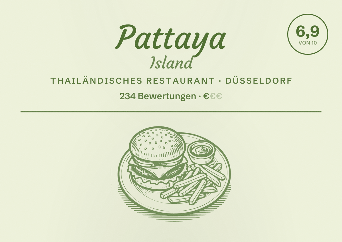 Illustriertes Poster von Pattaya Island, Thailändisches Restaurant in Düsseldorf: Bewertung 6,9 von 10 aus 234 Bewertungen, Preisniveau €