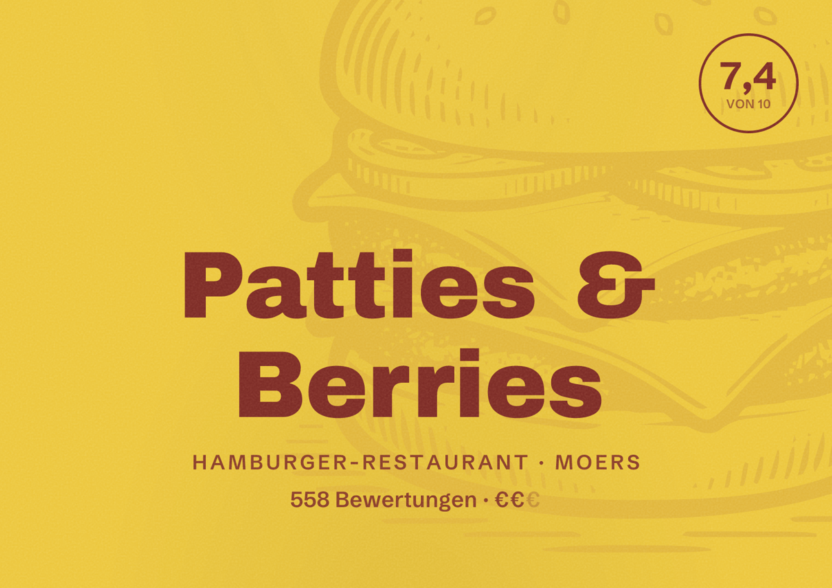 Illustriertes Poster von Patties & Berries, Hamburger-Restaurant in Moers: Bewertung 7,4 von 10 aus 558 Bewertungen, Preisniveau €€