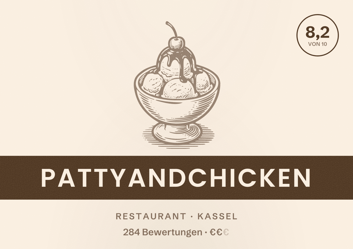 Illustriertes Poster von PattyandChicken, Restaurant in Kassel: Bewertung 8,2 von 10 aus 284 Bewertungen, Preisniveau €€