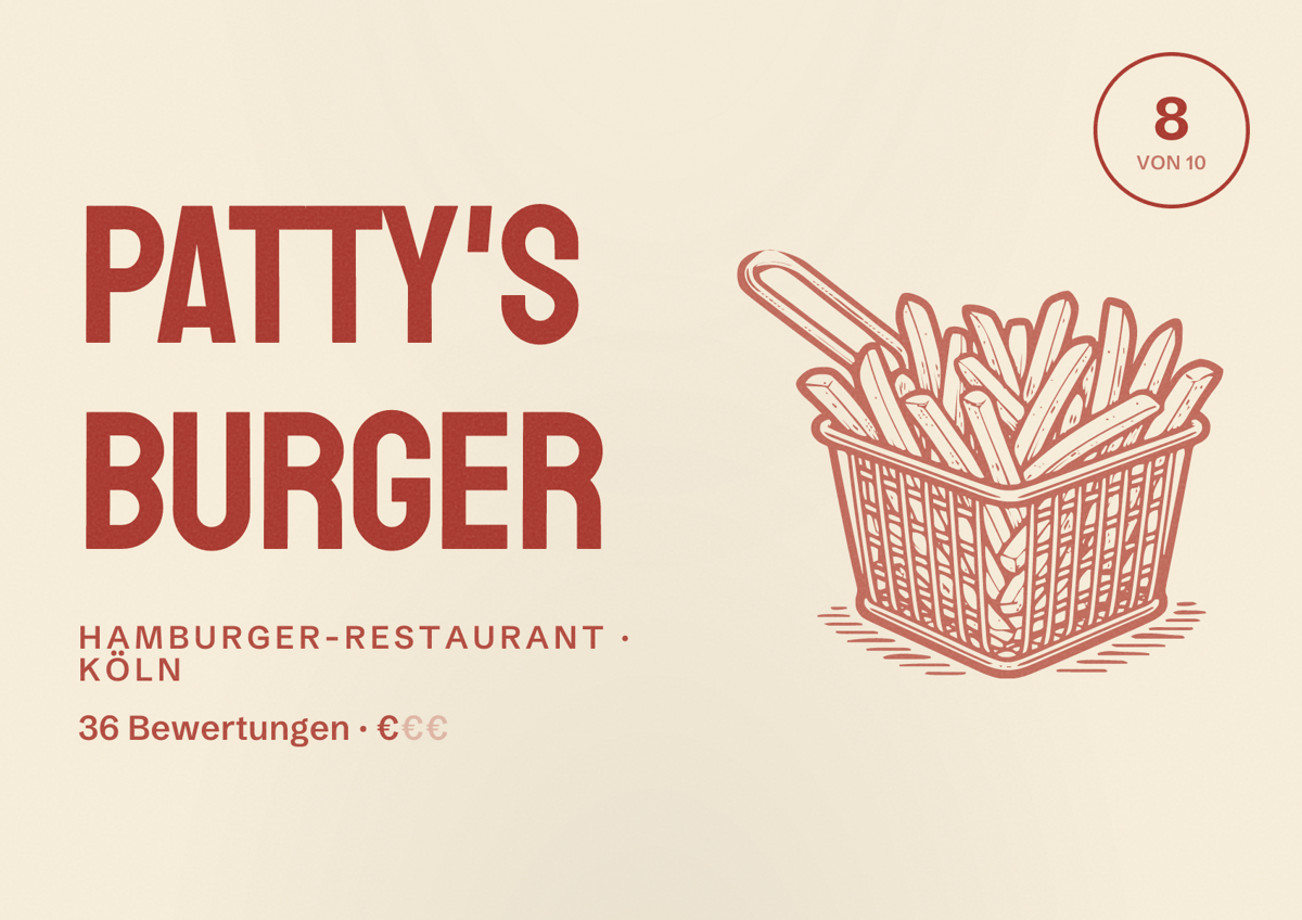 Illustriertes Poster von Patty's Burger, Hamburger-Restaurant in Köln: Bewertung 8,0 von 10 aus 36 Bewertungen, Preisniveau €