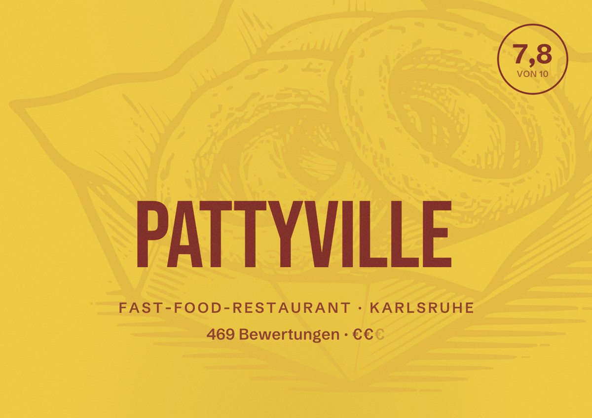 Illustriertes Poster von Pattyville, Fast-Food-Restaurant in Karlsruhe: Bewertung 7,8 von 10 aus 469 Bewertungen, Preisniveau €€