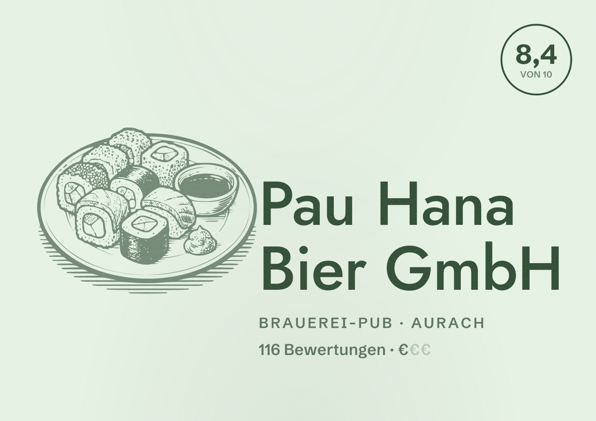 Illustriertes Poster von Pau Hana Bier GmbH, Brauerei-Pub in Aurach: Bewertung 8,4 von 10 aus 116 Bewertungen, Preisniveau €