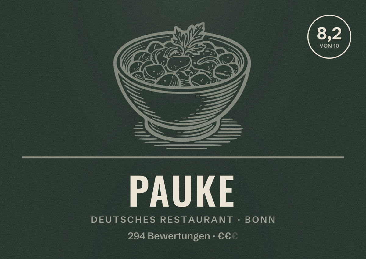 Illustriertes Poster von PAUKE, Deutsches Restaurant in Bonn: Bewertung 8,2 von 10 aus 294 Bewertungen, Preisniveau €€