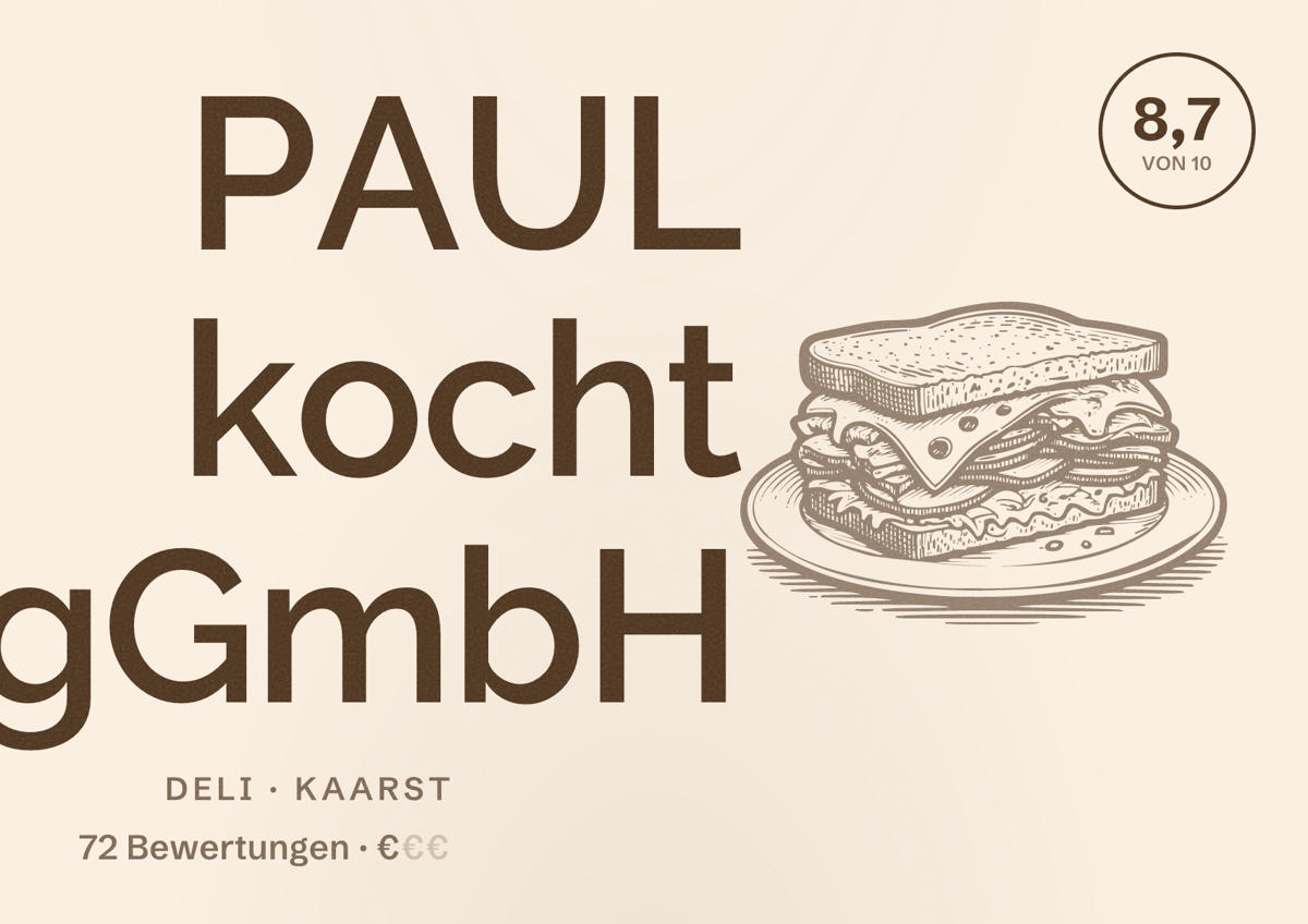 Illustriertes Poster von PAUL kocht gGmbH, Deli in Kaarst: Bewertung 8,7 von 10 aus 72 Bewertungen, Preisniveau €
