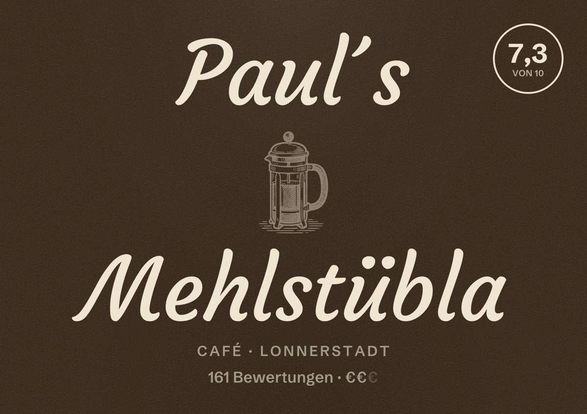 Illustriertes Poster von Paul´s Mehlstübla, Café in Lonnerstadt: Bewertung 7,3 von 10 aus 161 Bewertungen, Preisniveau €€
